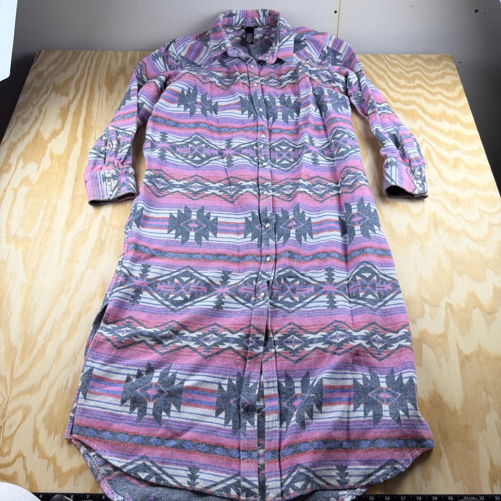 Wrangler Retro Womens Pink Aztec Southwestern Flannel Snap Front Shirt Dress XL